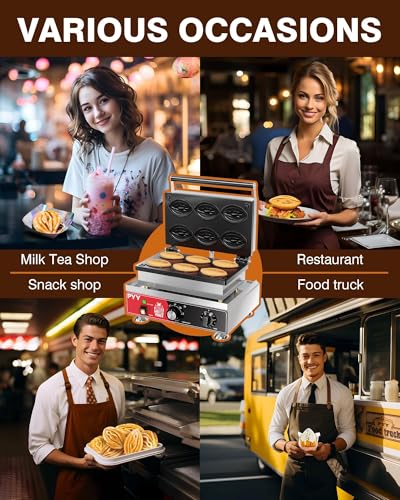 Image of PYY Commercial Waffle Maker - 6pcs Strange Shape Abalone Waffle Iron Machine, Non-stick Coating, Electric Stainless Steel Double Sided Removable Plates, 1600W, 122-572℉ Temp Control