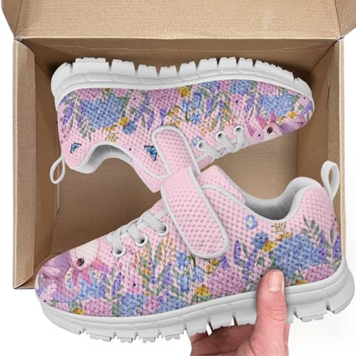 Kids Sneakers for Boys Girls Running Tennis Shoes Lightweight Breathable Sport Athletic White Sole Cute Axolot Floral Pattern2