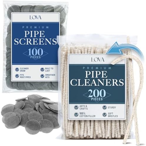 LOVA Pipe Cleaner & Screen Combo – 200 Count Hard Bristle Pipe Cleaners + 100 Stainless Steel Pipe Screens – Reusable, Durable, Perfect for Cleaning Pipes, Bowls, Stems & More