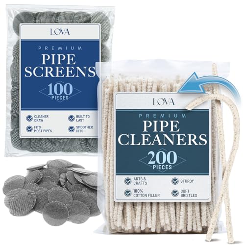 LOVA Pipe Cleaner & Screen Combo – 200 Count Hard Bristle Pipe Cleaners + 100 Stainless Steel Pipe Screens – Reusable, Durable, Perfect for Cleaning Pipes, Bowls, Stems & More