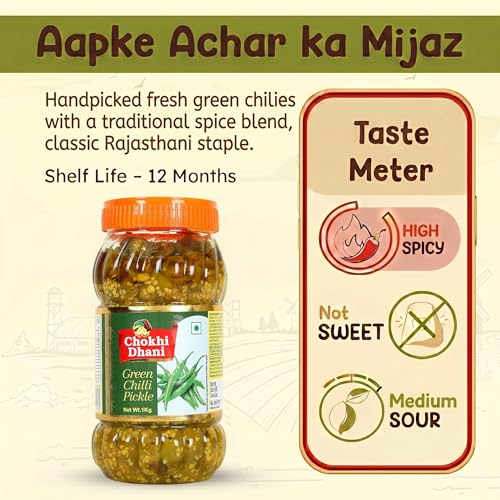 Image of Chokhi Dhani Green Chilli Pickle 1kg | Hari Mirch Achar | Spicy & Tangy Rajasthani Style | Traditional Handmade Indian Pickle | Veg