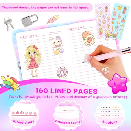 Image of rinBarBee Diary for Girls with Lock and Keys,Tie-Dye Fuzzy Journal for Kids,Hardcover Fluffy Locking Notebook for Writing and Drawing,4-12 Year Old Girl Birthday