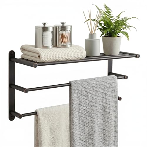 Bathroom Towel Rack Wall Mounted: 24 Inch Oil Rubbed Bronze Towel Rack with Double Towel Bar - SUS304 Stainless Steel Bath Towel Holder with Shelf for Hotel Lavatory