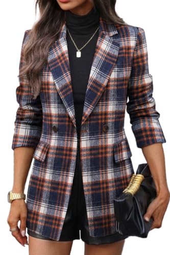 ELLEVEN Plaid Tweed Blazers for Women Navy Blue Plaid Medium