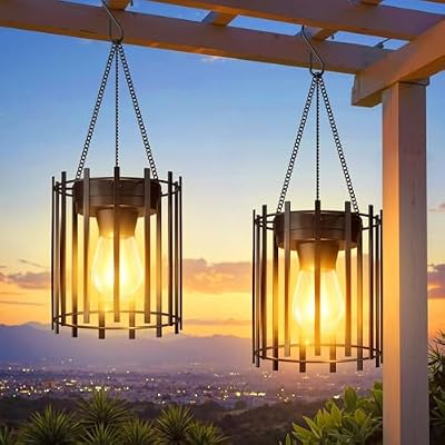 KOOPER Solar Lanterns Outdoor Waterproof, Upgraded Bright Hanging Solar Lights Outdoor Lanterns Decorative, Auto ON/Off Metal Hanging Lantern Lights for Porch Yard Patio Garden Decor 2 Pack