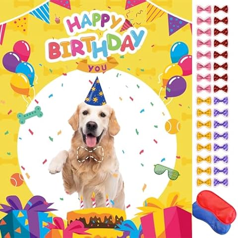 pin the sticker game Dog Birthday Party Games for Kids, Pin The Bow On The Dog, Dog Puppy Themed Pet Party Decorations Favors Supplies - 32 Stickers Cover