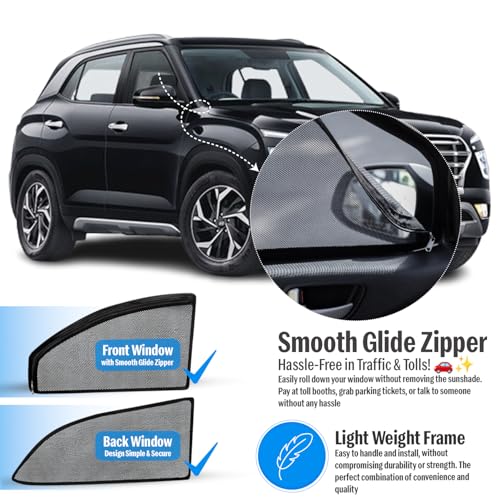 Image of Autofact Magnetic Car Sunshades Compatible with Hyundai Creta New (2020 to 2024) (Set of 4) - Easy Installation, UV Protection, Keeps Car Cool (Front 2 with Zippers, Rear 2 Without Zippers)