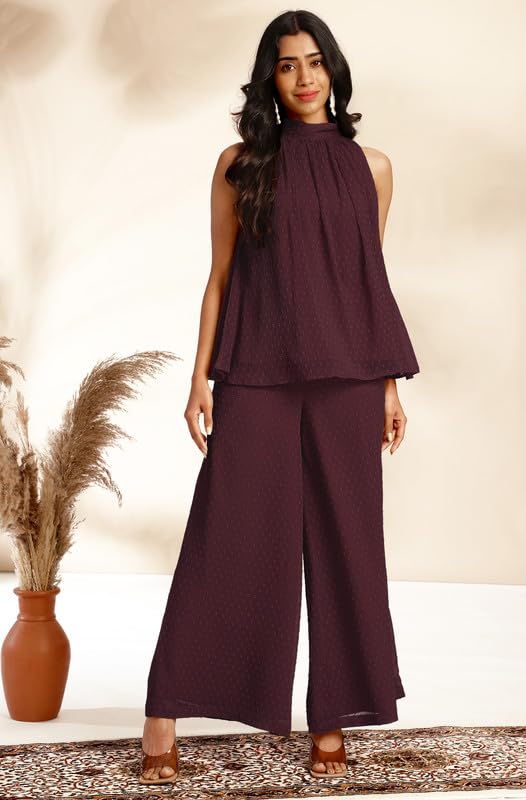 Image of Janasya Women's Chiffon Woven Design Gathered Co-Ord Set