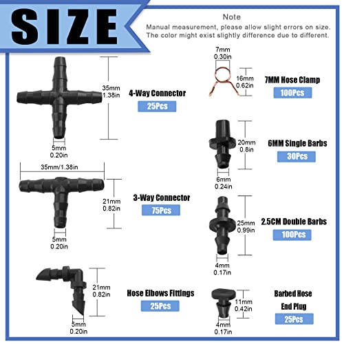 Glarks 380Pcs Barbed Connectors Irrigation Fittings and 7mm Spring Clips Kit for 1/4 Inch Water Hose Connectors - Image 2