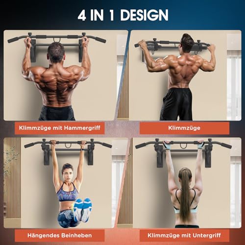 DH FitLife 4in1 Klimmzugstange Wand zur Wandmontage mit Spreizdübel, Multifunktionale Pull-Up Bar für Zuhause bis 200kg | 6 rutschfeste Griffe | 3 Öse für Boxsack & Schlingentrainer | Sicher & Stabil