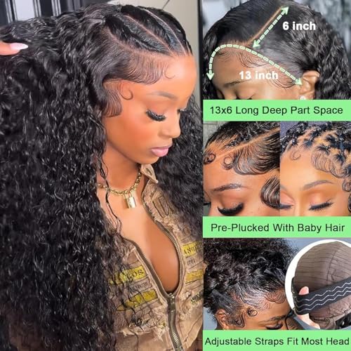 Image of Vnrtkkn 36 Inch HD Lace Front Wigs Human Hair Deep Wave Wig 200 Density 13x6 Human Hair Lace Front Wigs for Women Pre Plucked Curly Lace Frontal Wig Glueless Deep Wave Lace Front Wigs with Baby Hair