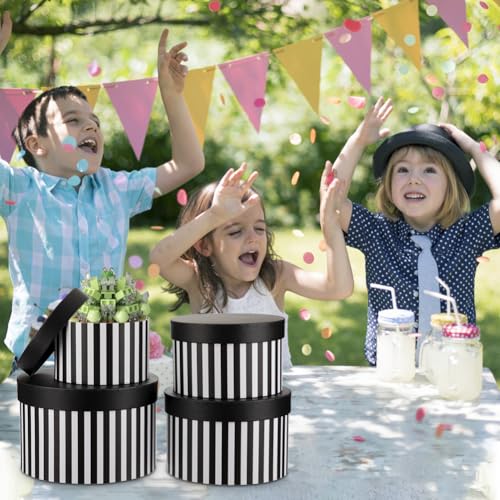 Oairse Gift Boxes with Lids for Presents Black and White Striped Round Box for Flower Arrangements Set of 4 Nesting Gift Boxes Bulk for Bridesmaid, Proposal, Wedding, Birthday, Party Favor Graduation - Image 6