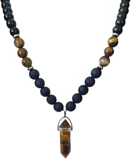 Sukhad Tiger Eye Crystal Pendant Necklace for Men & Women | Natural Lava Stone Beaded Healing Necklace | Energy Protection... Price In India