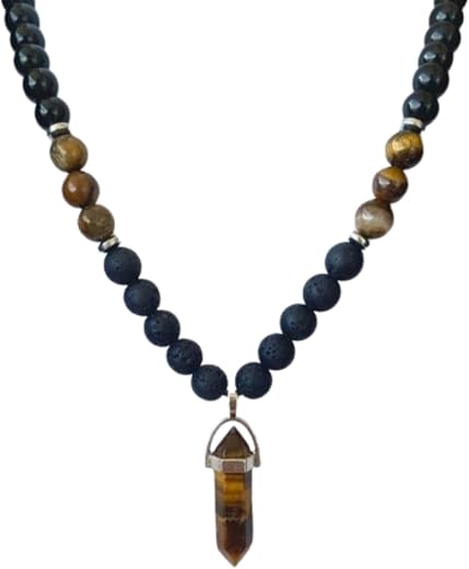 Sukhad Tiger Eye Crystal Pendant Necklace for Men & Women | Natural Lava Stone Beaded Healing Necklace | Energy Protection...