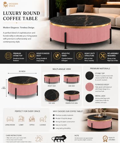 Image of WOODEN SPACE Premium Luxury Nazaara Marble-Top Coffee Table with Iron Legs & PVD Coating | Modern Round Wooden Center Table for Living Room & Entryway (Pink, 30 Inch)