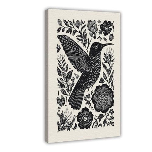 Toile colibri mexicain noir et blanc grand tableau mural déco de 50x76 cm