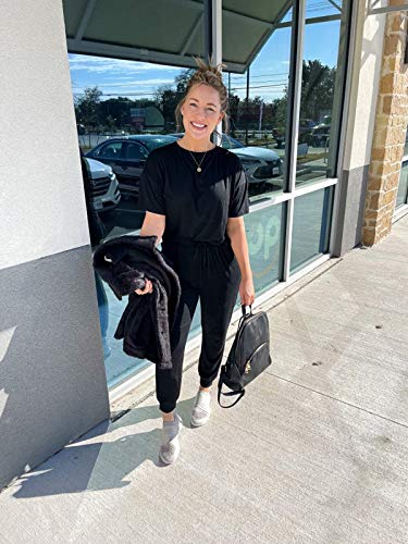 Prettygarden Women's Two Piece Outfit Short Sleeve Pullover With Drawstring Long Pants Tracksuit Jogger Set (A-Black,Large) #TOP1