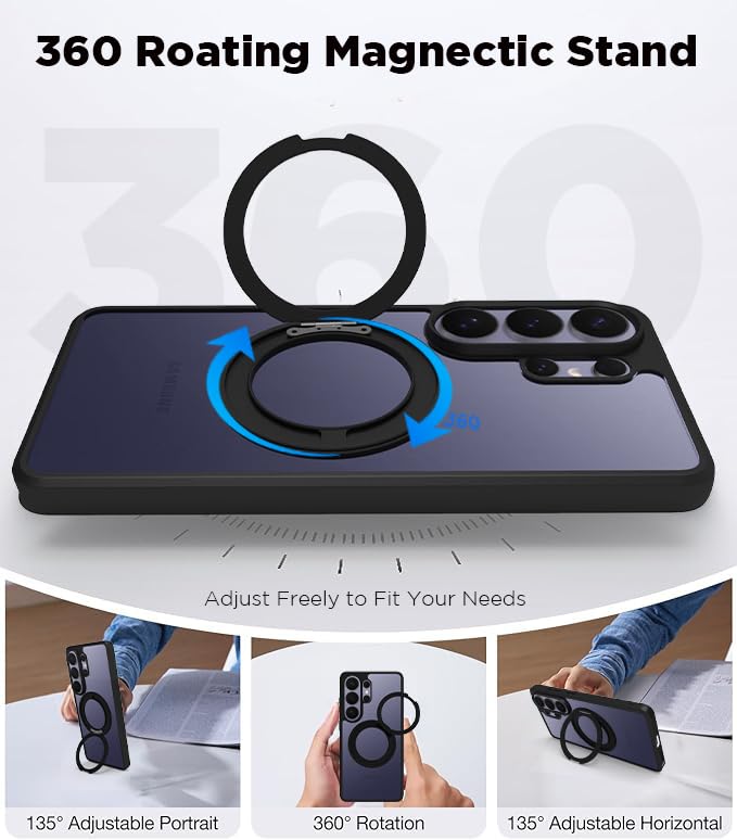 Image of RIGGEAR Shockproof Sleek Hybrid Armor 360 Rotating Magnetic Ring Stand Back Cover Case Compatible with MagSafe Accessories for Samsung Galaxy S26 Ultra (Clear PC + Black TPU Bumper)