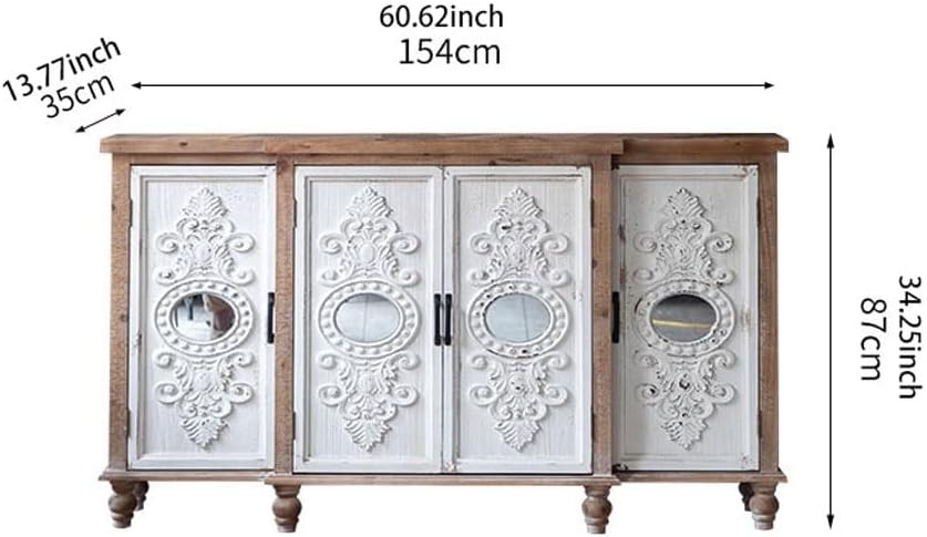 Bufetera Nordic Country Living Room Sideboard White Retro Old Carved Solid Wood Home Decoration Bed and Breakfast Storage Cabinet Aparadores para Comedor, 154X35X87cm