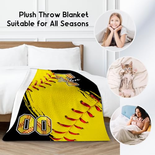 Custom Softball Blanket, Soft Sport Throw Gifts with Name, Cozy Flannel Throw Blankets for Bed Living Room, 60"x80" Gift for Adults