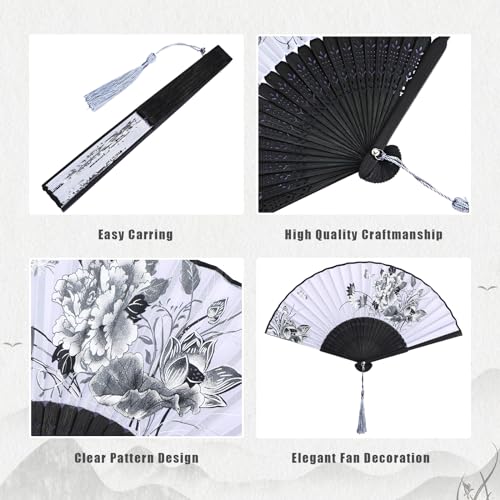 image for Zonon 4 Pack Handheld Floral Folding Fans Hand Held Silk Bamboo Fans w