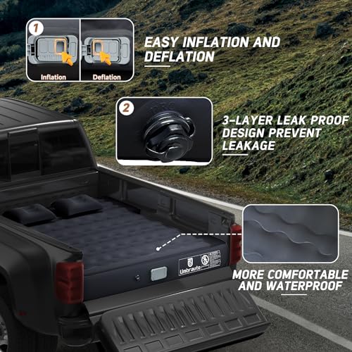 Umbrauto Truck Air Mattress for 6-6.5ft Full Size Truck Bed, Rechargeable Wireless Pump, Upgraded Peach Skin Fabric Top, Pickup Tent Airbed for Outdoor Travel