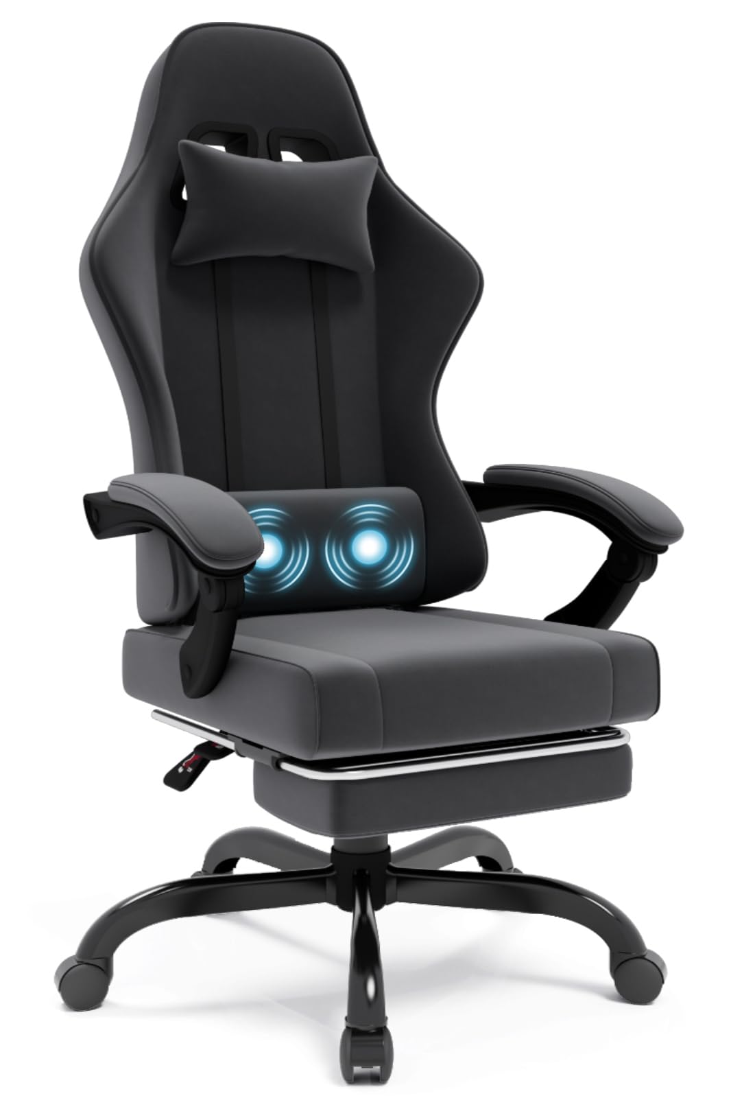 Silla Gaming de Tela, Sillas de Gaming con cojín Lumbar de Masaje, Silla Oficina Ergonómica con reposacabezas, Cadeira Gamer con reposapies, Ruedas, Altura Ajustable, Gris Oscuro