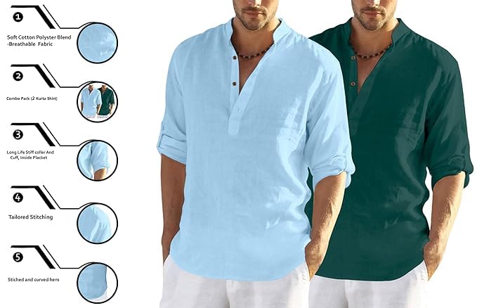 Image of FINIVO FASHION Men's Cotton Blend Solid Full Sleeve Combo Short Kurta Shirt, Regular Fit Solid Pattern Mandarin Collar Straight Kurta Shirt