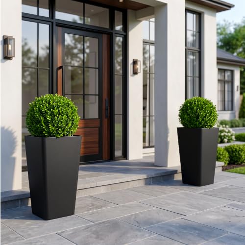 KOL Planters for Outdoor Plants, 20 Inch Tall Black Flower Pots 2 Pack, Large Plastic Plant Pots with Drainage Hole and Dual-Purpose Tray, Decorative Indoor Planter for Front Porch Patio Garden by KOL - Used condition - US$53.99
