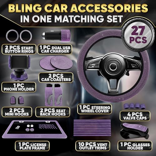 Image of Purple Bling Car Accessories Set, 27 Pcs, for Women Drivers