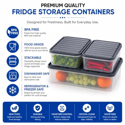 Image of Fridge Storage Containers Set of 3 with Lids | Food Grade Plastic Refrigerator Organizer | 1 x 2500ml & 2 x 1200ml Stackable Kitchen Storage Boxes for Fruits, Vegetables & Meal Prep (2-1200 1-2500)