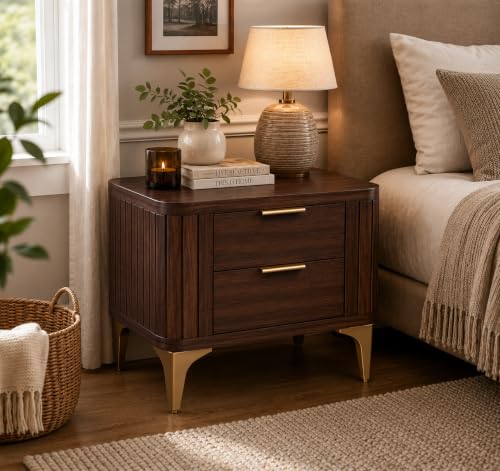Image of Solid Sheesham Wood Bedside Table for Bedroom & Livingroom | Nightstand End Table with 2 Drawers Storage for Home | Modern & Luxury Design| (Walnut Finish 1)