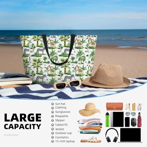 Large Beach Bags Water-resistant Sandproof - zebra Giraffe Tropical palm tree Cute Beach Tote Bags for Women with Zipper4