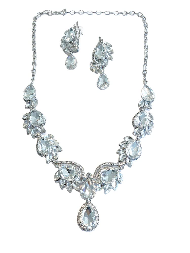Secret for Longevity Silver Tone Antique Art Deco Vintage Retro Style Flapper Gatsby Rhinestone Statement Wedding Bridal Prom Necklace Earring Set