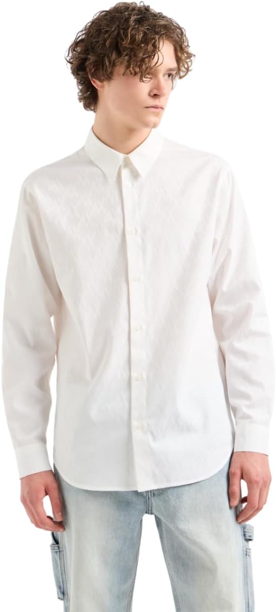 Armani Exchange Mens Regular Fit Long Sleeve Jacquard Cotton All Over Logo Button Down