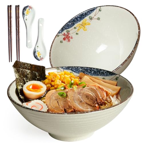 Ramen Schüssel Set 2 x 1200ml Keramik Ramen Bowl mit Essstäbchen und Löffeln,Japanisches Stil Porzellan Geschirr Suppenschüssel Groß Salatschüssel Pho Bowl,Mikrowelle & Spülmaschinenfest,Blume