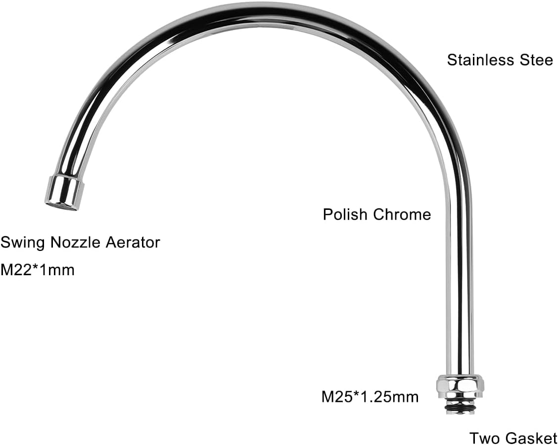 KWODE 10 Inch Gooseneck Swivel Spout for Most Commercial Kitchen Sink Faucet with M25* 1.25 Connector Swing Nozzle Add-On Spout Replacement Parts Chrome Polished Finish