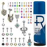 BodyJ4You 65 Belly Button Rings Dangle Barbells Aftercare Saline Spray 14G Acrylic Steel CZ Navel Set