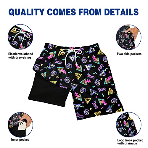 80s Men's Swim Trunks with Compression Liner 7" Inseam 90s Board Shorts 80s Quick Dry Swim Shorts with Pocket XL 6
