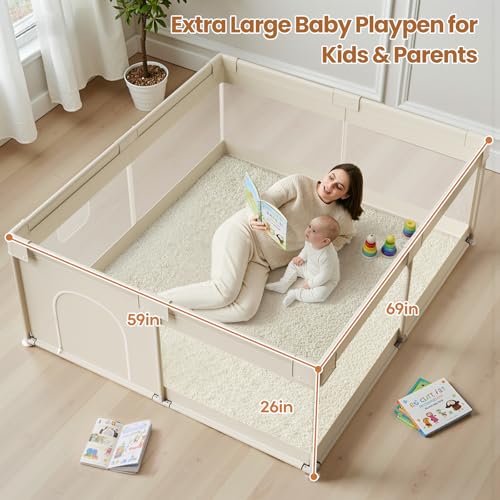 Image of Uanlauo Beige Large Baby Playpen - 69x59in Playpen for Babies and Toddlers