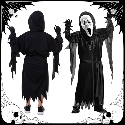 YADODO Scream Costume Kids Boys Girls 8-9 9-10 with Mask Necklace Stickers Ghost Face Costumes for Kids Scary Halloween Ghostface Costume KidsScream Robe Cloak Black Cape Ghost Outfit for Halloween