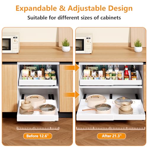 Image of Pull Out Cabinet Organizer 21 inch Deep Heavy Duty Expandable(12.6 inch-21.3 inch) Slide Out Drawers for Kitchen Cabinets with Adhesive 1 Pack Adjustable Roll Out Shelf Storage Organization for Pantry Bathroom