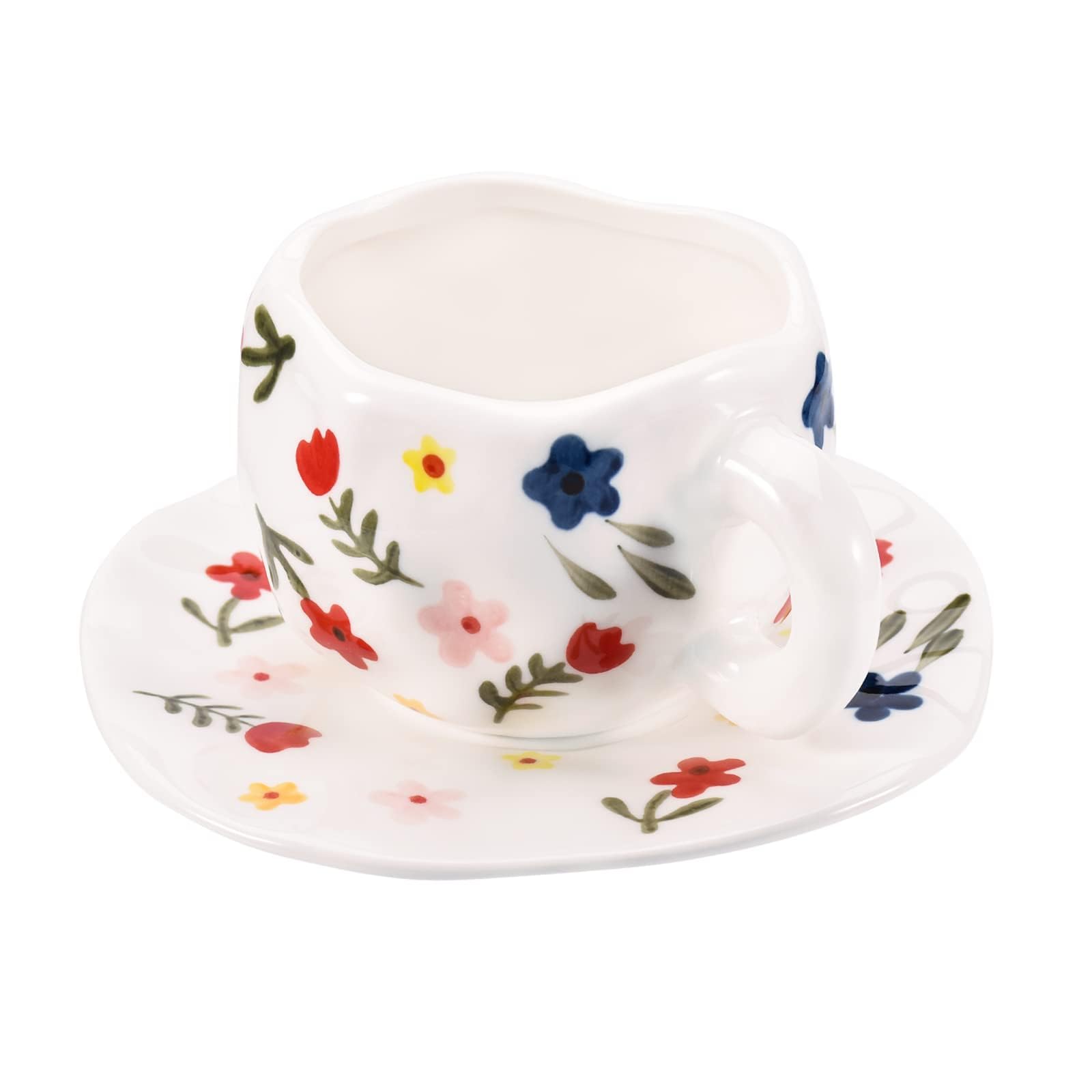 Koythin 10oz Ceramic Mug With Saucer, White Floret Latte Milk Tea Cup