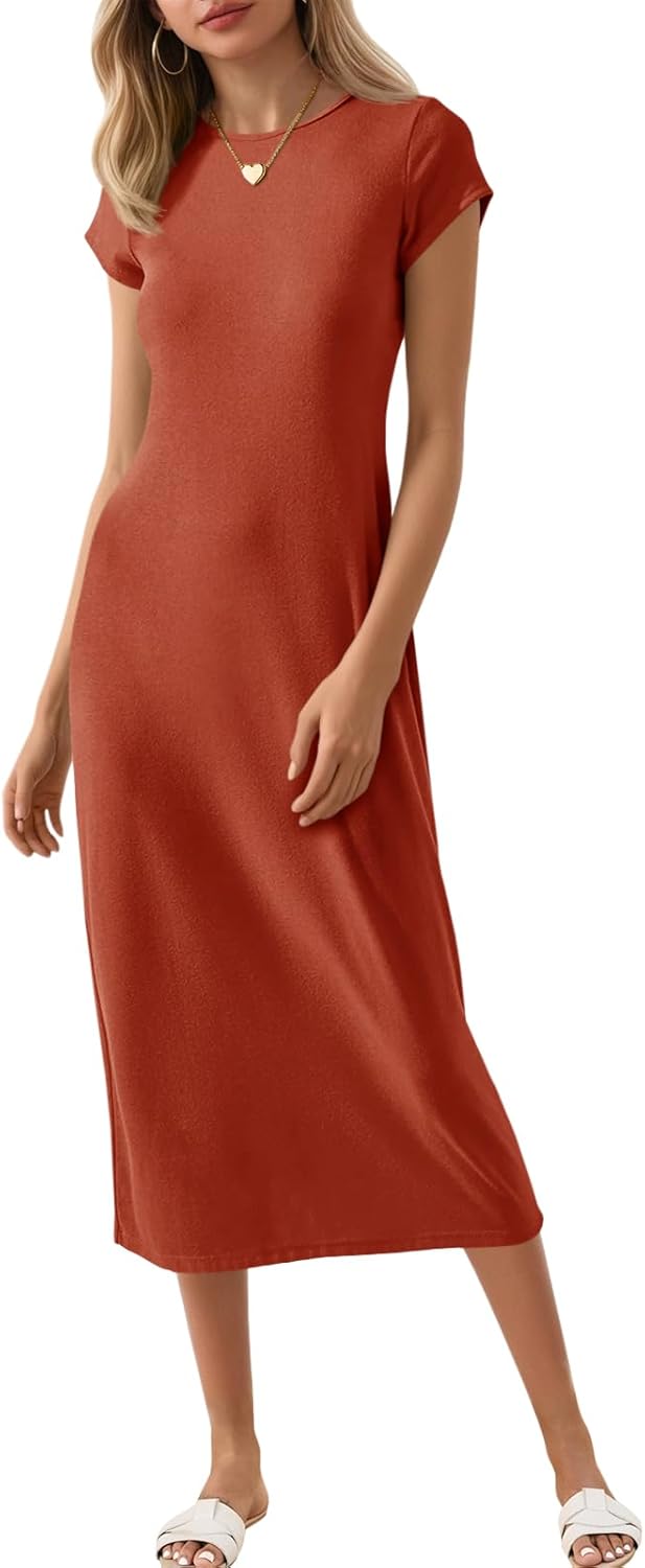 Wenrine Women's Short Sleeve T-Shirt Dress Summer Crew Neck Basic Solid Casual Long Midi Dresses