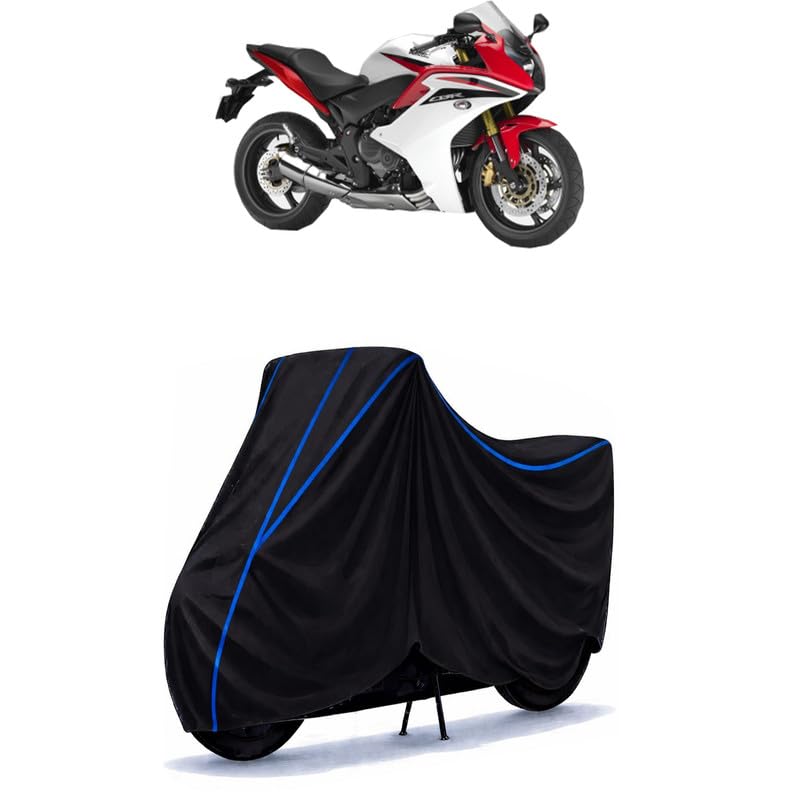Image of 600 F3 Bike Cover Water Resistant Universal Motorcycle Rain | Heavy Duty UV Protection, Dust, Scratch Indoor Outdoor All Weather with Black Blue Piping Elastic