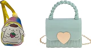 Orbella Girls' Fashion Handbag Set, Heart Detail Black Purse and Pink Cartoon Character Crossbody Bag, 2 Pieces