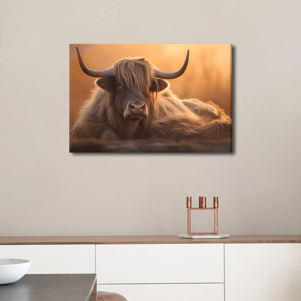TISHIRON Portrait of a Brown Yak (Bubo Taurus) at Sunset Picture Animal Portrait Painting Prints Rustic Yak Artwork Farmhouse Home Living Room Bedroom Decoration Ready to Hang 1 Panels (16" Wx24 H) - Image 2