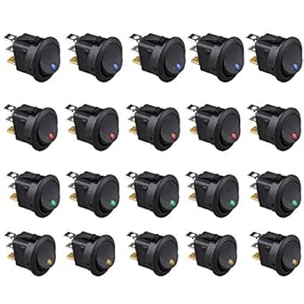 5-Pack 12V 20A Round Rocker Switches - Red LED, ON/OFF, Waterproof, 3-Pin For Car, Boat, DIY