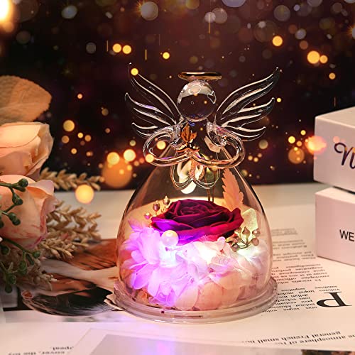 Image of Preserved Flowers for Delivery Prime,Birthday Gifts for Women Mom Grandma | Christmas Rose Gifts for Women Her Grandma,Preserved Light Up Rose In Glass Angel Figurines,Wife Mom Women Stocking Stuffers