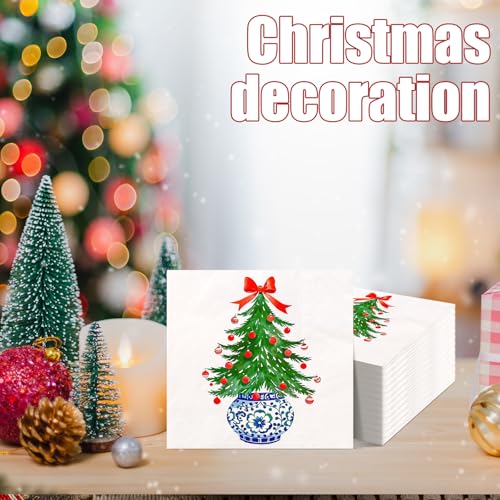Epakh 50 Pcs Chinoiserie Christmas Tree Guest Napkins Disposable Paper Hand Towel for Bathroom with Christmas Tree Bow Blue and White Porcelain Print for Xmas Party Holiday Decoration (6.5 * 6.5inch) – Image 6